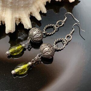 Green Long Dangle Handmade Pierced Earrings Metal & Glass Beads Boho Artsy LR118